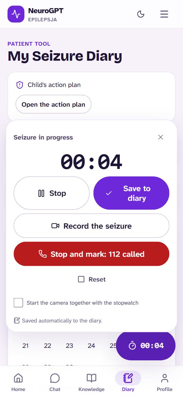 Seizure stopwatch, one thumb